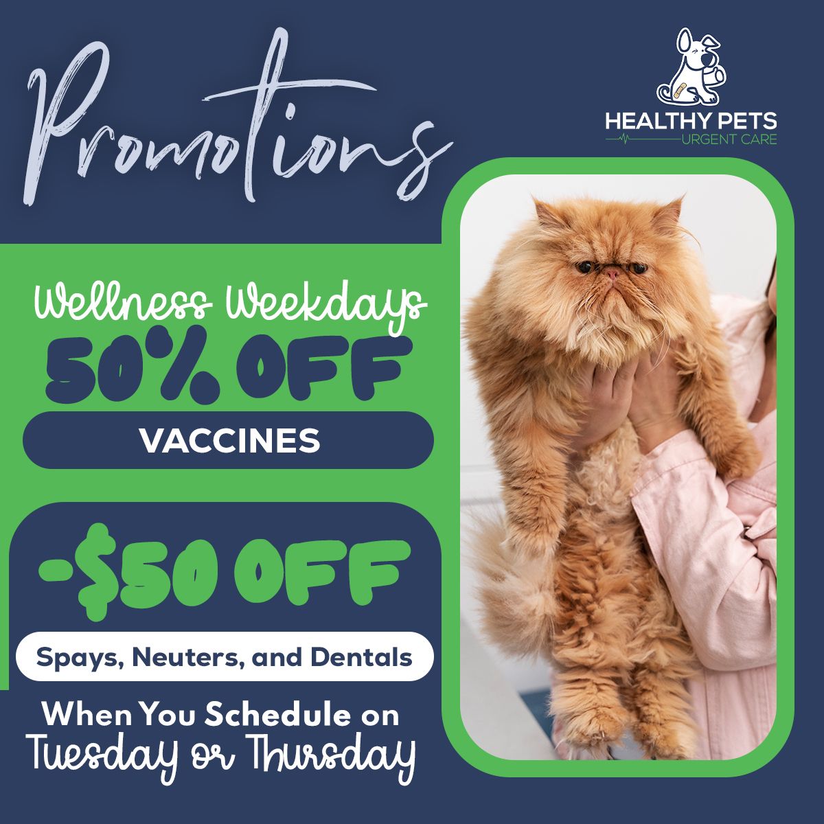Wellness Weekdays - 50% off vaccines  $50 off surgeries and dentals when you schedule on Tue or Thurs